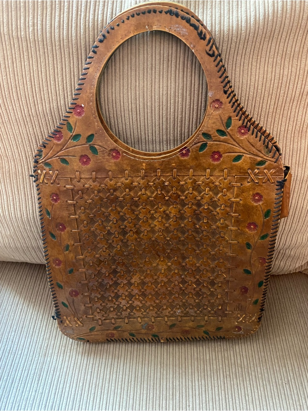 Handcrafted Brown Tooled Leather Tote with Floral Accents - 1970s